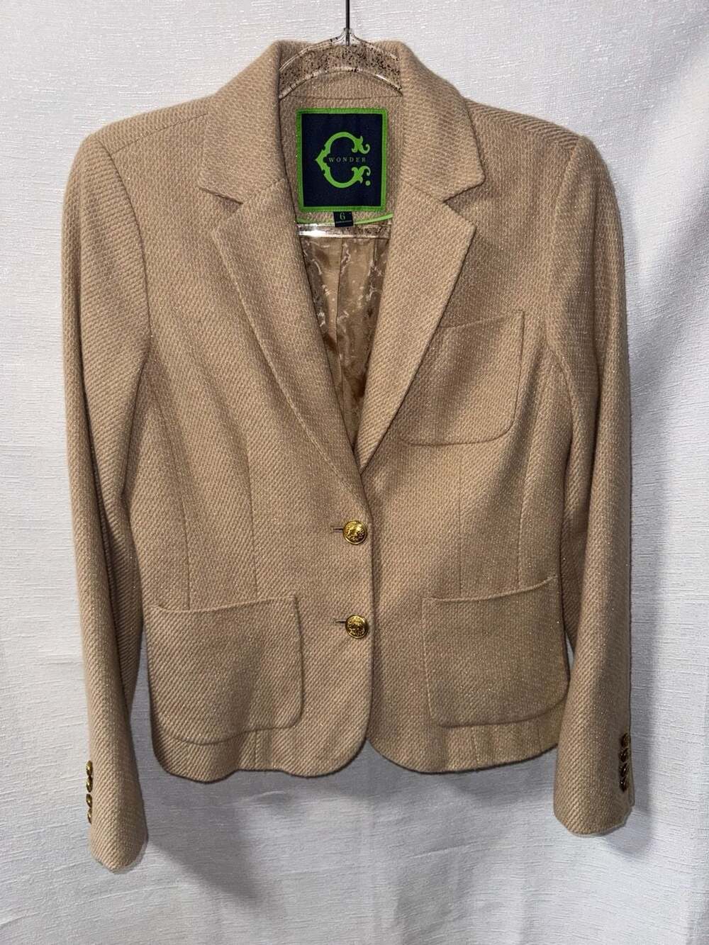 C. Wonder Women's Herringbone Tweed Blazer with Gold Buttons Tan Size 6